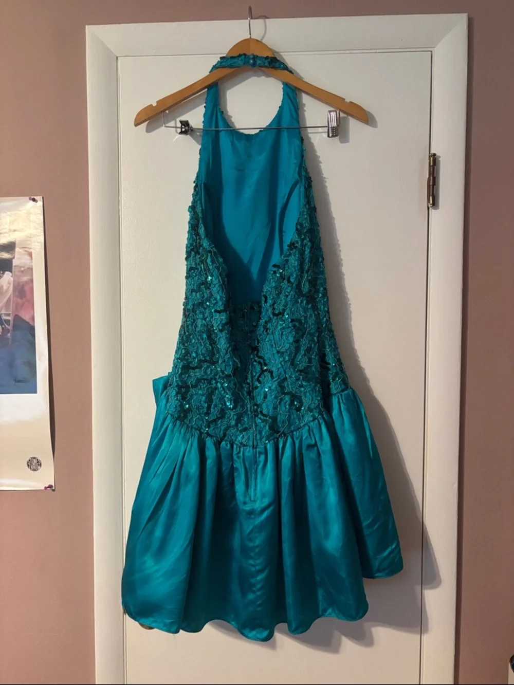 Vintage 80’s Sequin Party Dress Teal Bow Halter Bow Dropwaist Cocktail Dance 90’ - Picture 6 of 17